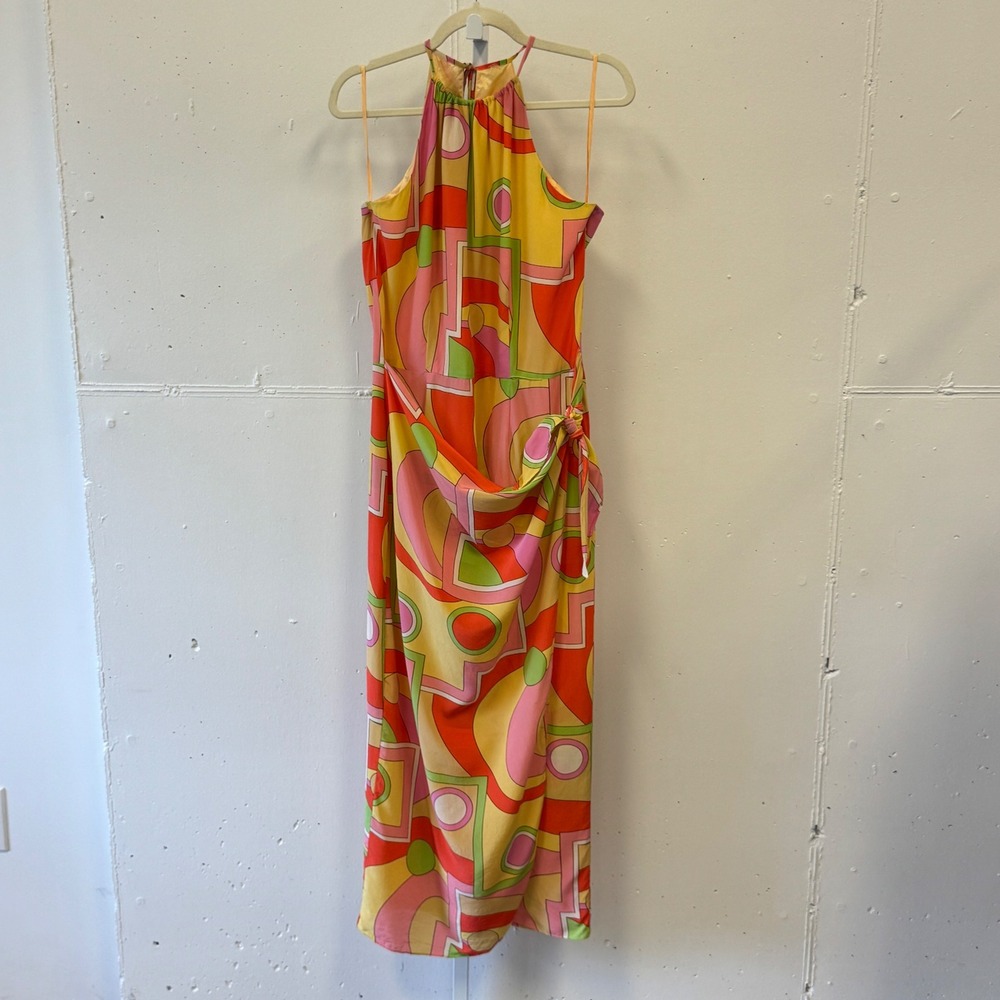 Vintage Spenser Jeremy‎ 100% Silk Halter Maxi Dress Size 12 Geometric Faux Wrap